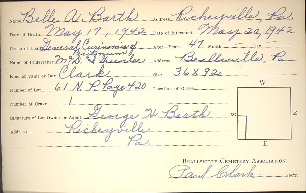 Belle A. Barth burial card